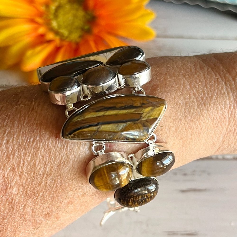 Tiger Eye Bracelet Handmade Gemstone Crystal 925 Silver Large Adjustable Ethnic - Picture 5 of 12